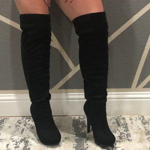 Sexy Black Suede Thigh High Stiletto Heel Boots
